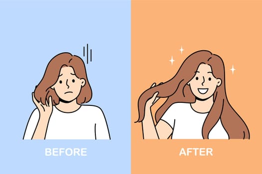 Woman with different hairstyle before and after using shampoo to get silky hair. Girl changed hairstyle through hairdresser from beauty salon to change image and improve appearance