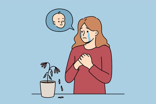Problem of infertility upsets woman, crying standing near withered flower, and dreaming of child. Girl is sick with infertility caused by poor ecology or congenital disease of reproductive function