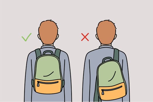Correct and incorrect wearing of backpack behind back negatively affects spine and posture of student. Comparison of position of backpack with school supplies to prevent scoliosis.