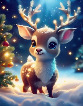 Winter tale fawn outdoors in the snow under Christmas tree. Magic deer kid seasonal background. Wonderful winter holidays scene