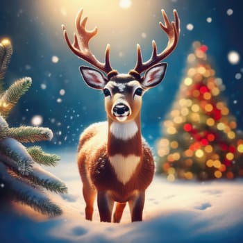 Magic winter deer outdoors in the snowy forest. Night scene with glittering lights and Christmas tree