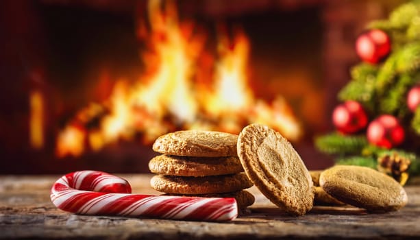 Candy cane and biscuits on the table next to fireplace and Christmas tree. Winter holidays relaxing atmosphere, wonderful background with copy space