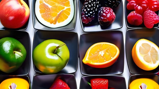 A vibrant display of various fresh fruits is carefully arranged in black square dishes. The selection includes apples, oranges, berries, and citrus fruits, showcasing rich colors and textures.