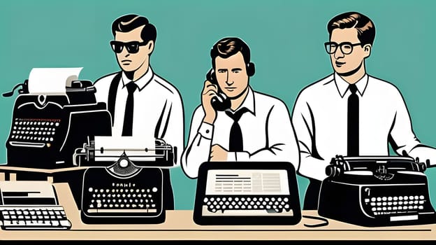 A group of three men in white shirts and ties are engaged in tasks at a desk filled with vintage typewriters. One man speaks on the phone while the others type, capturing a nostalgic work environment.