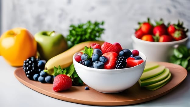 A vibrant assortment of fresh fruits fills a wooden board, featuring a bowl of mixed berries alongside apples, bananas, strawberries, and greens, creating a healthy and inviting arrangement.