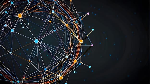 A vibrant depiction of interconnected nodes and lines creates a sense of depth. This digital graphic conveys themes of connectivity and technology across a dark background.
