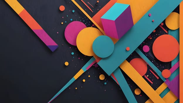 Vibrant geometric shapes in shades of orange, teal, purple, and pink contrast against a dark backdrop, creating an eye-catching abstract composition full of depth and energy.