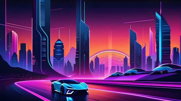 A sleek sports car speeds along a vibrant road, surrounded by towering skyscrapers illuminated in neon colors. The sunset casts a stunning backdrop over this futuristic urban landscape.