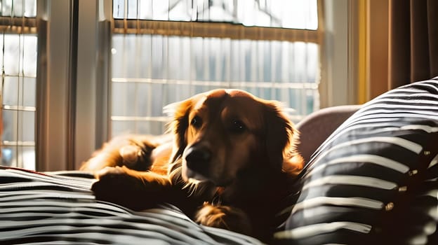 A golden retriever lounges comfortably on a striped couch, basking in the warm afternoon sunlight that streams through the window, creating a serene atmosphere.