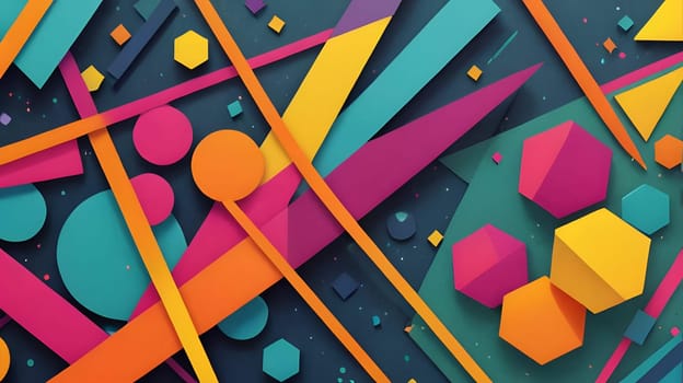 Bright and playful geometric shapes in various colors create an abstract composition. The arrangement features circles, triangles, and hexagons against a dark background, adding visual interest.