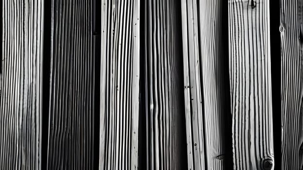 The detailed arrangement of wooden planks showcases their unique textures and grain patterns, creating a visually appealing effect in black and white tones with natural shadows.