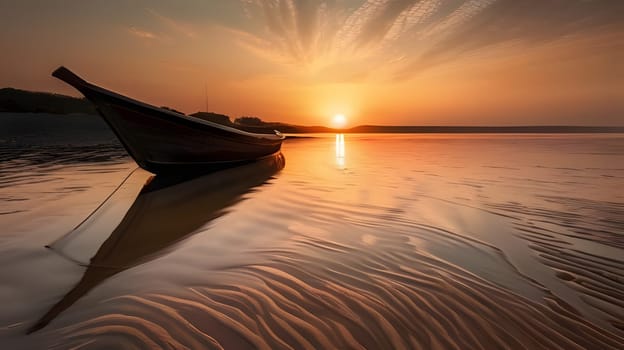 A wooden boat rests peacefully on the sandy shore as the sun sets, casting a warm golden glow over the calm waters and creating reflections on the wet sand.