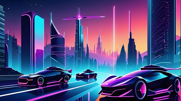 A vibrant city skyline features tall buildings bathed in neon lights as futuristic cars speed along the road, set against a stunning sunset with purple and orange hues.