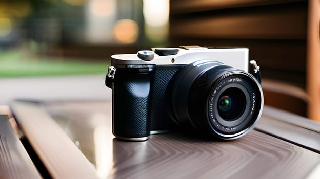 A sleek modern camera is positioned on a polished wooden surface, capturing the warm glow of the setting sun. The soft bokeh effect enhances the outdoor ambiance in the background.