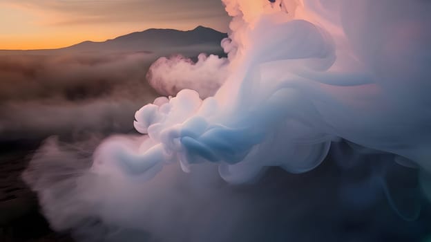Swirling clouds of pastel smoke create a mesmerizing display over the mountains during a vibrant sunset, blending colors against the vast evening sky while nature showcases its beauty.