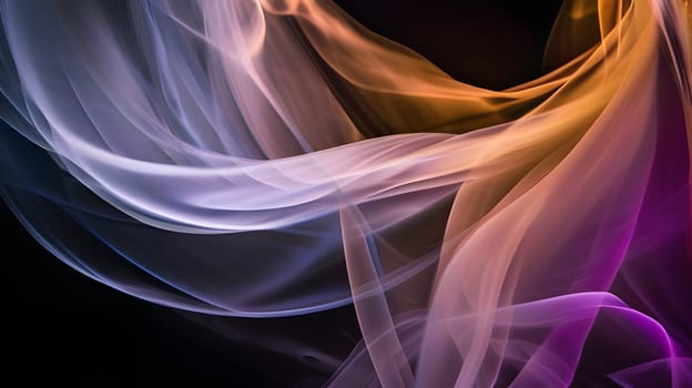 Gentle swirls of vibrant smoke in hues of purple, orange, and blue create an ethereal effect, softly blending together to form intricate patterns in a darkened setting that enhances their beauty.