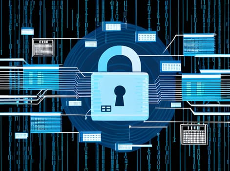A digital security lock is prominently displayed at the center, surrounded by flowing data streams and binary code, symbolizing cybersecurity and data protection in a technology-driven world.