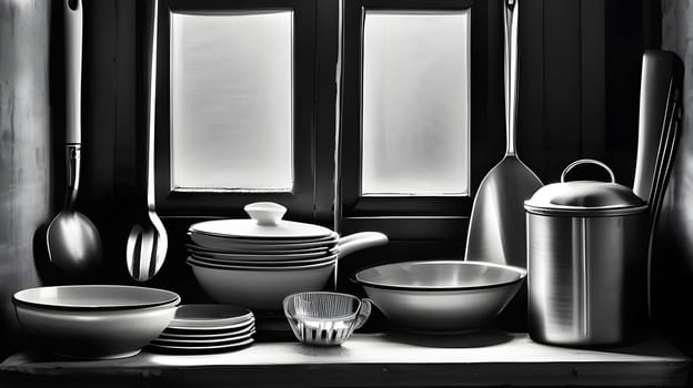 Kitchen utensils and dishes are neatly arranged on a wooden shelf beside a window. Various types of plates, pots, and bowls showcase a minimalist design, creating an inviting culinary atmosphere.
