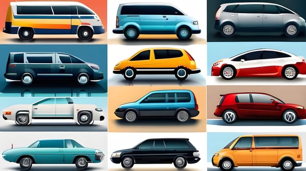 A vibrant array of car models showcased in a grid, featuring distinct designs and colors. Each vehicle is meticulously illustrated, highlighting their unique silhouettes and details.