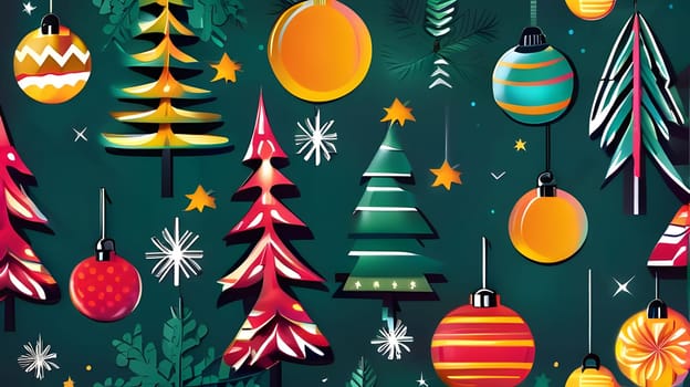 Brightly colored decorations showcase a variety of Christmas trees and ornaments against a dark background, creating a cheerful holiday atmosphere perfect for festivities and celebrations.