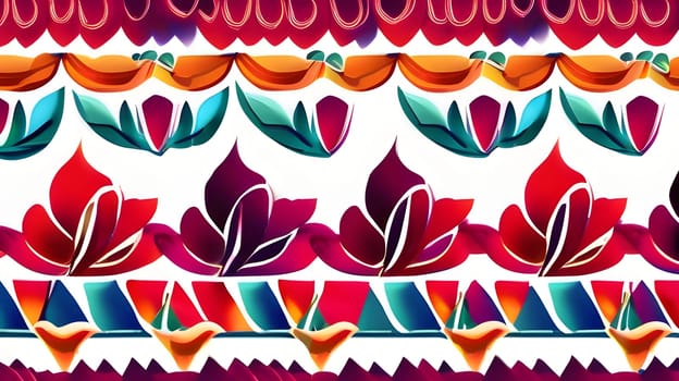 A decorative design featuring a vivid floral pattern with various colorful elements, showcasing intricate shapes and a harmonious blend of colors, perfect for textile or wallpaper applications.
