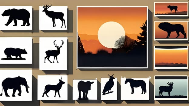 Various animal silhouettes are displayed against a striking sunset backdrop, showcasing the beauty of wildlife and nature in a tranquil setting. The warm colors enhance the natural scene.