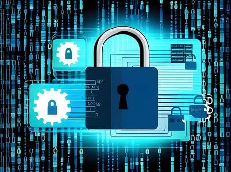 A digital padlock symbolizes online security, surrounded by binary code and various technology icons, representing the importance of data protection in the modern digital landscape.