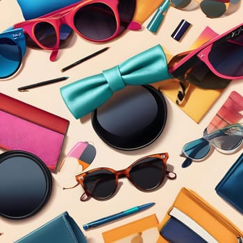 A vibrant arrangement features various sunglasses, colorful accessories, and stylish items spread out on a neutral background, showcasing a playful and trendy vibe.