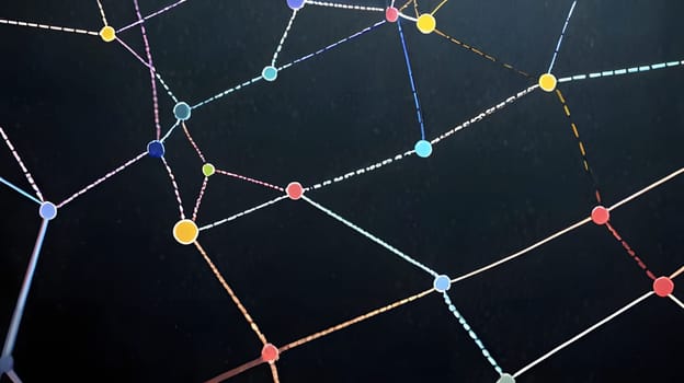 A vibrant network of interconnected dots and lines is depicted against a dark backdrop. The arrangement showcases relationships and connections through colorful nodes and pathways.