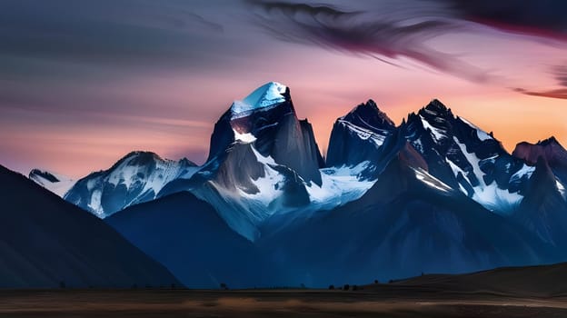 Snow-covered peaks rise dramatically against a stunning sunset sky. The landscape features a mix of rugged mountains and soft, colorful clouds, creating a peaceful wilderness atmosphere.