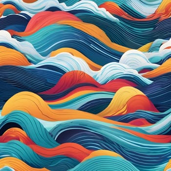 Vivid waves of color create a mesmerizing pattern, flowing in vibrant blues, oranges, and yellows. The layered design evokes a sense of movement and depth, captivating the viewer.