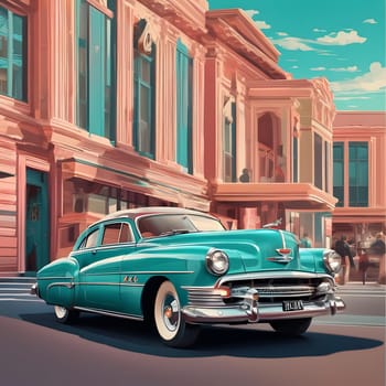 A classic teal car is parked in front of a grand historic building with large windows. The sun casts shadows on the street, adding to the charm of the scene.