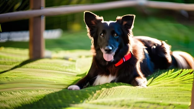 A playful black and white dog lounges comfortably on vibrant green grass, basking in warm sunlight. The scene captures a moment of relaxation in a serene outdoor setting.