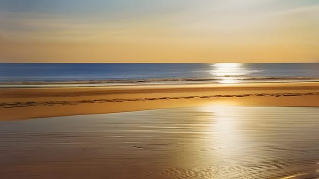 The sun sets on a tranquil beach, casting warm golden light across gentle waves. Smooth sand reflects the colors of the sky, creating a peaceful atmosphere for evening relaxation.