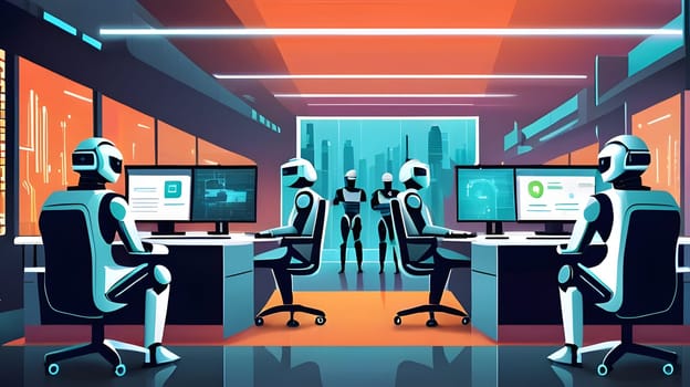 A group of robotic figures are actively engaged at computer stations in a sleek control room filled with high-tech screens, emphasizing teamwork in a futuristic setting.