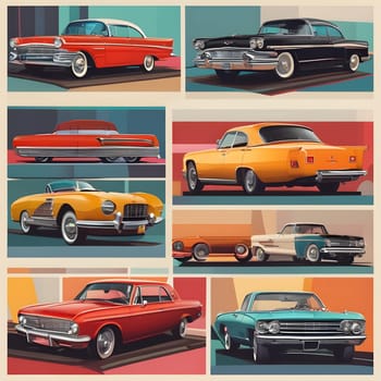 A diverse range of vintage cars is displayed, featuring iconic designs from the 1950s and 1960s. The colorful lineup emphasizes the unique styles and craftsmanship of that era.