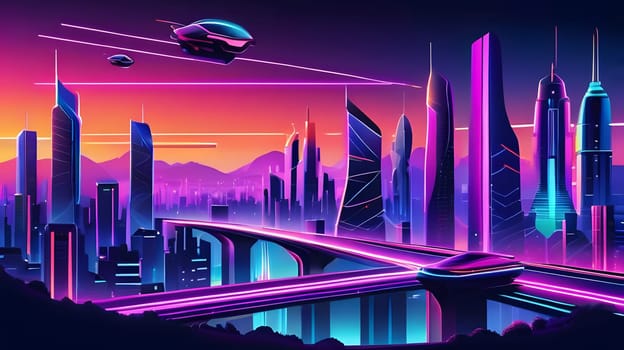 A vibrant cityscape glows at dusk with towering skyscrapers lit in neon colors. Futuristic flying vehicles soar above a high-speed transit system, creating a dynamic urban atmosphere.