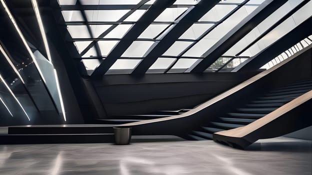 A contemporary space showcases a stylish staircase bordered by smooth lines, paired with a striking glass ceiling that floods the area with natural light.