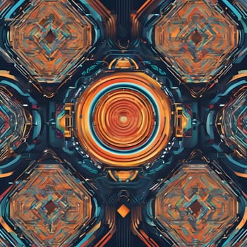 Intricate geometric patterns showcase vibrant circles in a symmetrical arrangement, blending rich hues of orange, blue, and gold. The design exudes a modern, futuristic aesthetic.