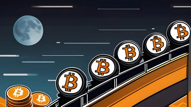 Bitcoin coins travel along a roller coaster track against a night sky illuminated by a large moon, symbolizing the volatility of cryptocurrency markets with dynamic movement.