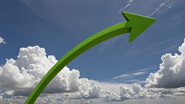 A vibrant green arrow stretches upwards, set against a backdrop of a bright blue sky and fluffy white clouds, symbolizing progress and growth in a serene atmosphere.