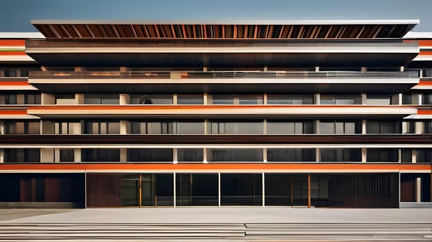 The structure features multiple levels with bold horizontal lines and an array of vibrant colors, showcasing contemporary architectural style. The clear skies highlight its striking aesthetic.