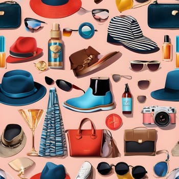 A variety of summer accessories including hats, sunglasses, bags, and shoes are artistically arranged on a pink background, showcasing trendy styles perfect for the season.