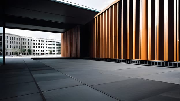 A striking modern architectural space showcases bold orange panels contrasting with the minimalist gray flooring. The urban layout blends structure and design in a unique way.