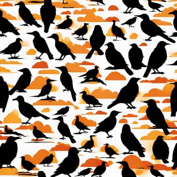 A vibrant backdrop features a sunset with orange clouds, while numerous bird silhouettes of various sizes and shapes are scattered throughout the design, creating a lively and dynamic composition.