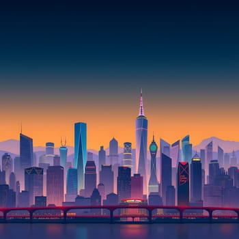 The skyline showcases a blend of skyscrapers illuminated in vibrant hues at dusk, with a bridge crossing the river, creating a stunning urban panorama in the background.