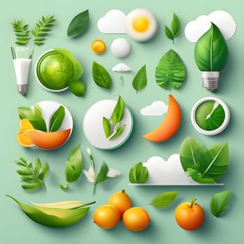 A vibrant composition showcases various green leaves, fruits, and natural elements, enhancing the idea of freshness and vitality against a soothing backdrop.