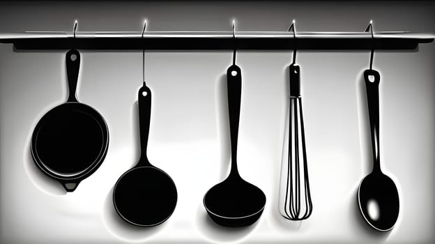 A collection of kitchen utensils, including a whisk and ladle, are neatly hung on a wall rack. The utensils are showcased in a sleek black and white design, emphasizing simplicity and modernity.