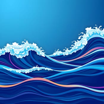 Vibrant waves crash against each other in the deep blue ocean, showcasing various shades of blue and colorful streaks beneath the surface, illuminated by sunlight.