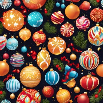 A vibrant assortment of Christmas ornaments in various colors and designs fills the dark background, showcasing reds, blues, and golds, along with festive bows and greenery.